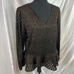 Halogen Black & Gold Jacquard Peplum Top – Luxe Baroque Glam | Elegant & Timeles